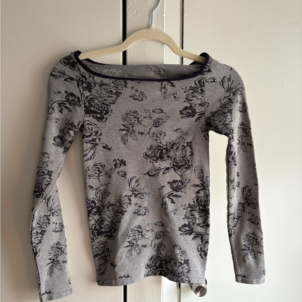 Free People Gray and Black Floral Long Sleeve Top